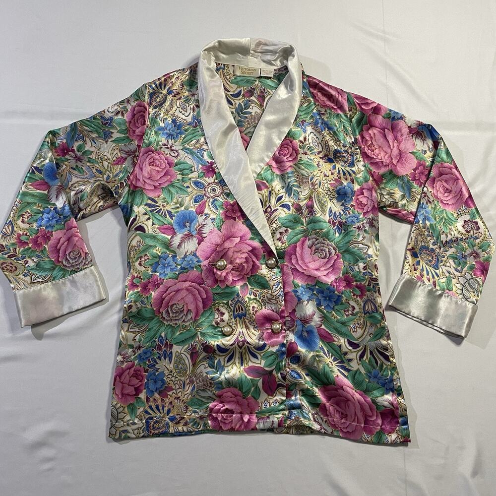 Vtg Victoria’s Secret Gold Label Floral Satin‎ Pajama Top P Sleep Shirt Blazer